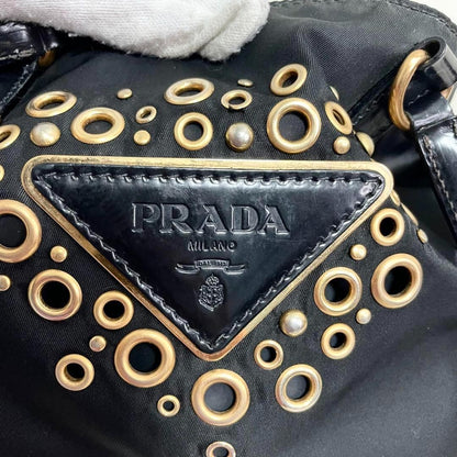 PRADA Hand Bag Tote Purse Logo Nylon Leather Black Authentic