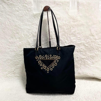 PRADA Hand Bag Tote Purse Logo Nylon Leather Black Authentic