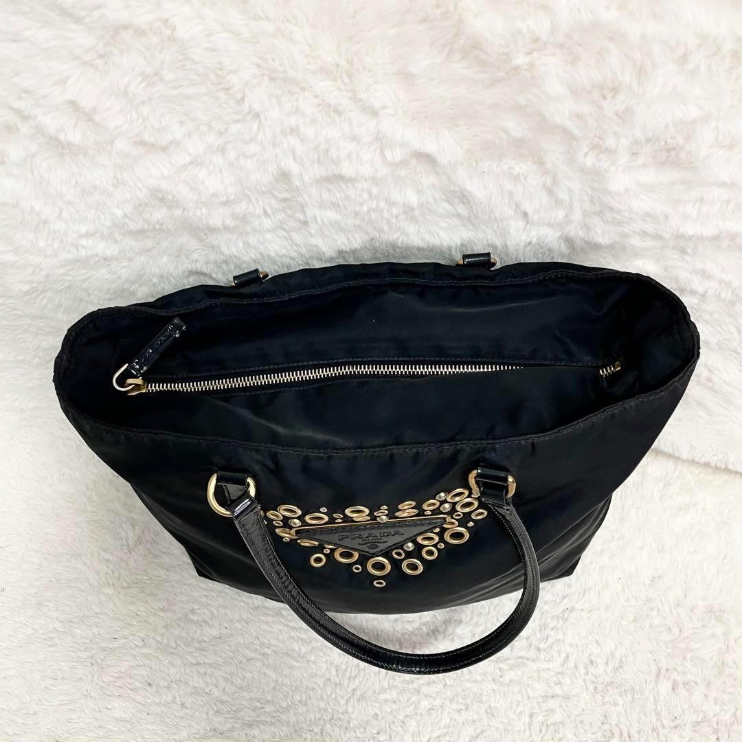 PRADA Hand Bag Tote Purse Logo Nylon Leather Black Authentic