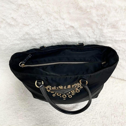 PRADA Hand Bag Tote Purse Logo Nylon Leather Black Authentic