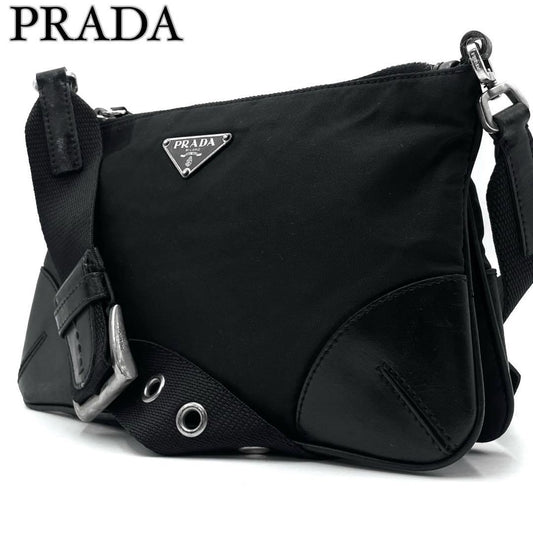 PRADA Shoulder Bag Purse Logo Nylon Leather Black Authentic