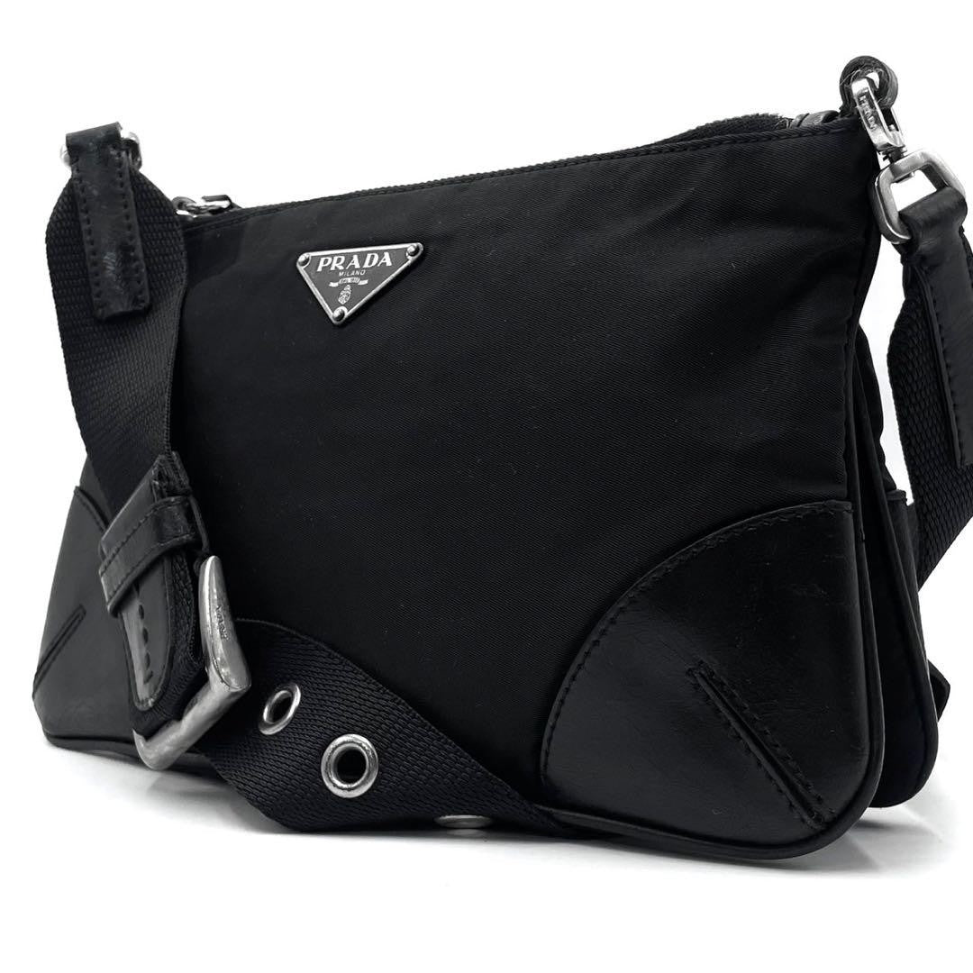 PRADA Shoulder Bag Purse Logo Nylon Leather Black Authentic