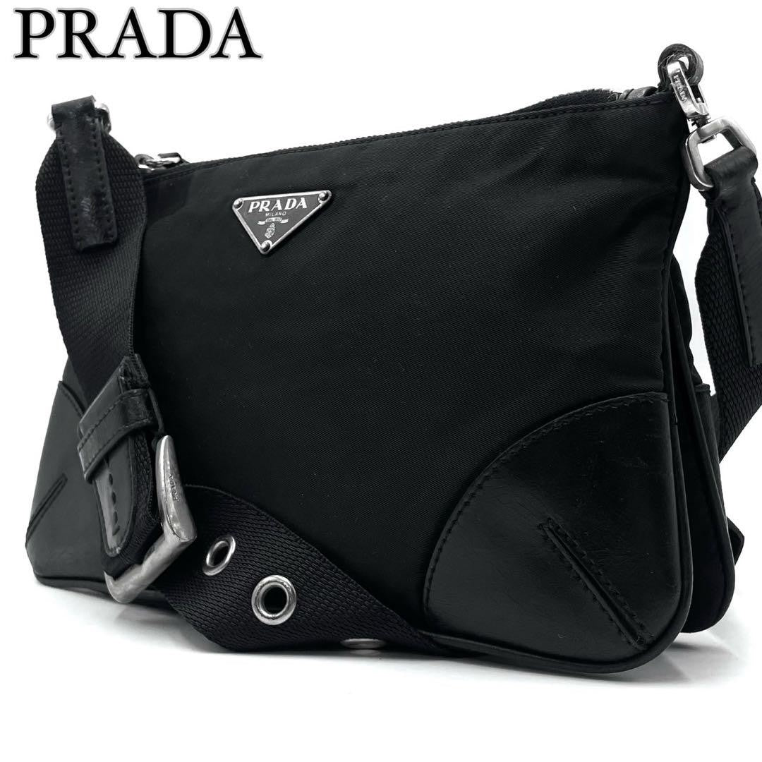 PRADA Shoulder Bag Purse Logo Nylon Leather Black Authentic