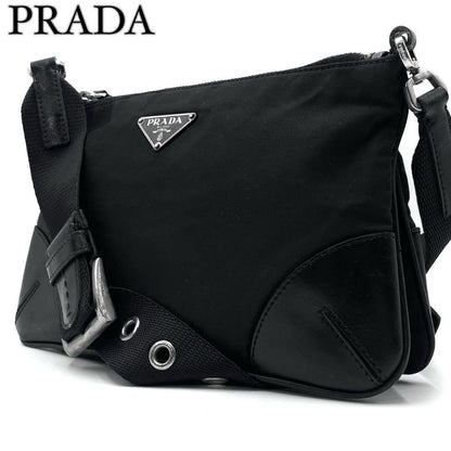 PRADA Shoulder Bag Purse Logo Nylon Leather Black Authentic