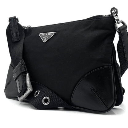 PRADA Shoulder Bag Purse Logo Nylon Leather Black Authentic