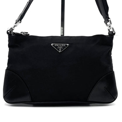 PRADA Shoulder Bag Purse Logo Nylon Leather Black Authentic