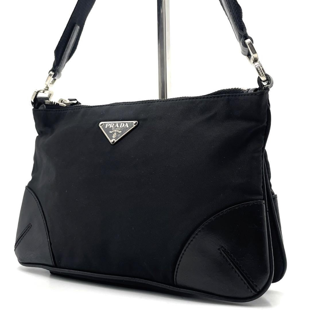 PRADA Shoulder Bag Purse Logo Nylon Leather Black Authentic