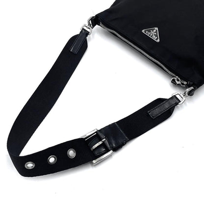 PRADA Shoulder Bag Purse Logo Nylon Leather Black Authentic