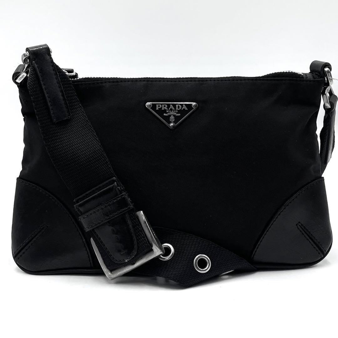 PRADA Shoulder Bag Purse Logo Nylon Leather Black Authentic