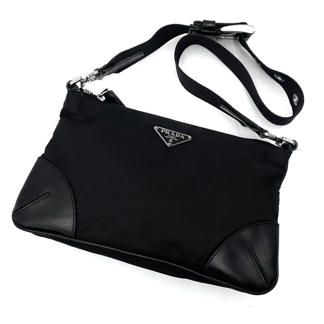 PRADA Shoulder Bag Purse Logo Nylon Leather Black Authentic