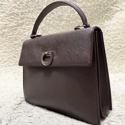 Salvatore Ferragamo Hand Bag Tote Purse Gancini Leather Brown Authentic