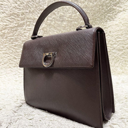 Salvatore Ferragamo Hand Bag Tote Purse Gancini Leather Brown Authentic