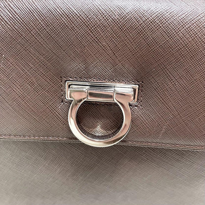 Salvatore Ferragamo Hand Bag Tote Purse Gancini Leather Brown Authentic