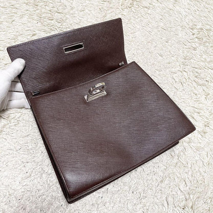 Salvatore Ferragamo Hand Bag Tote Purse Gancini Leather Brown Authentic