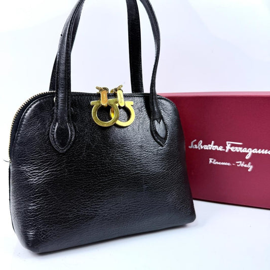 Salvatore Ferragamo Hand Bag Tote Purse Gancini Leather Black Authentic