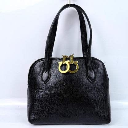 Salvatore Ferragamo Hand Bag Tote Purse Gancini Leather Black Authentic