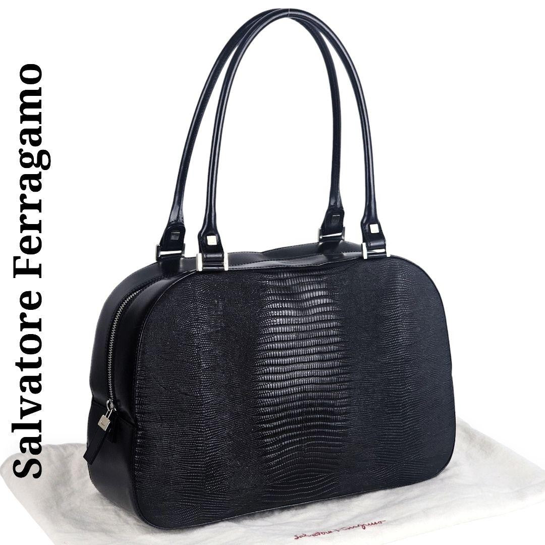 Salvatore Ferragamo Hand Bag Tote Purse Leather Black Authentic