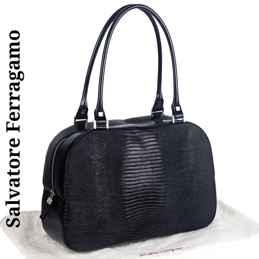 Salvatore Ferragamo Hand Bag Tote Purse Leather Black Authentic