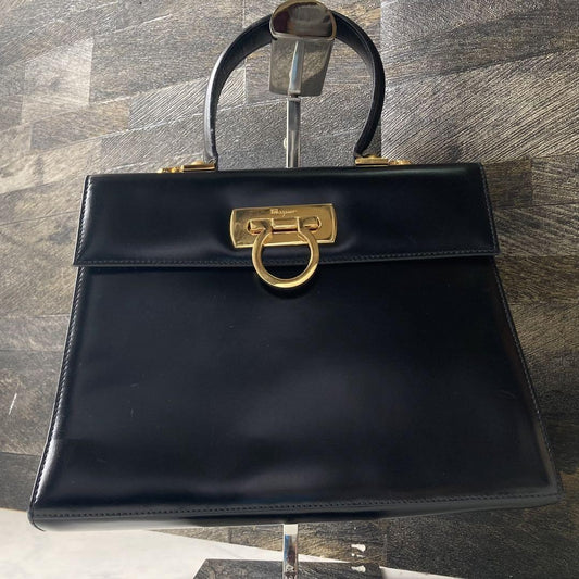 Salvatore Ferragamo Hand Bag Tote Purse Gancini Leather Black Authentic