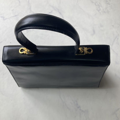 Salvatore Ferragamo Hand Bag Tote Purse Gancini Leather Black Authentic