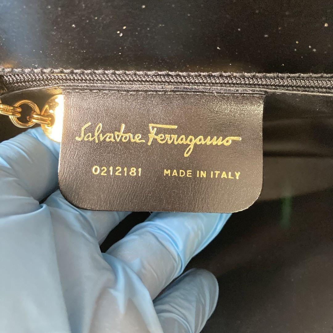 Salvatore Ferragamo Hand Bag Tote Purse Gancini Leather Black Authentic