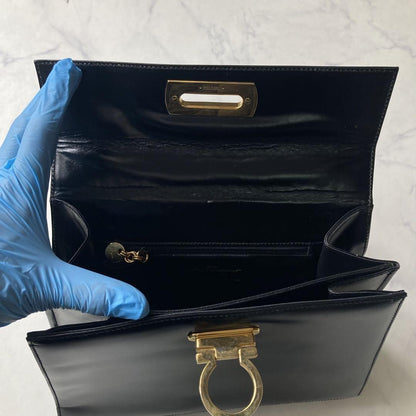 Salvatore Ferragamo Hand Bag Tote Purse Gancini Leather Black Authentic