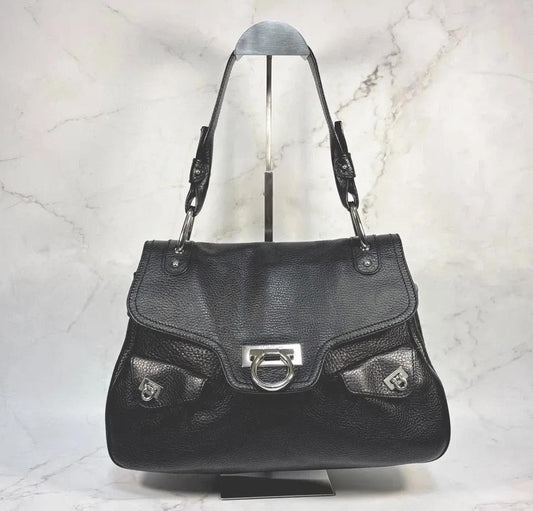 Salvatore Ferragamo Hand Bag Tote Purse Gancini Leather Black Authentic