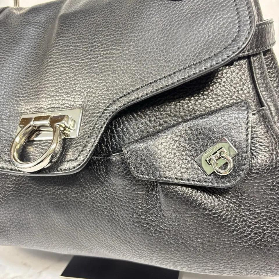 Salvatore Ferragamo Hand Bag Tote Purse Gancini Leather Black Authentic