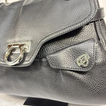 Salvatore Ferragamo Hand Bag Tote Purse Gancini Leather Black Authentic