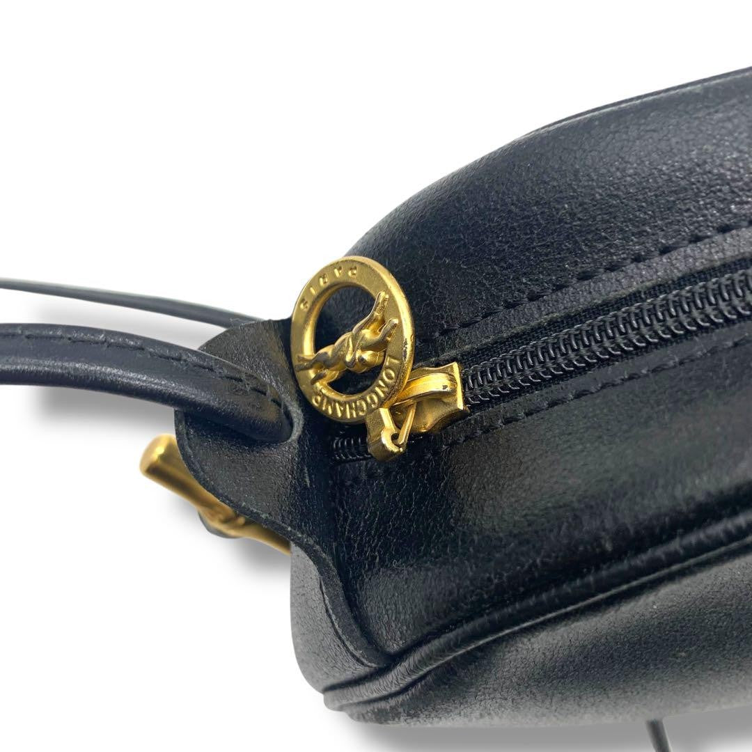 Longchamp Shoulder Bag Purse Leather Black Authentic