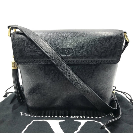 Valentino Garavani Shoulder Bag Purse Logo Leather Black Authentic