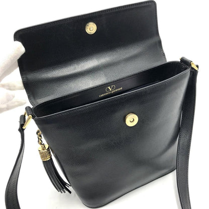 Valentino Garavani Shoulder Bag Purse Logo Leather Black Authentic