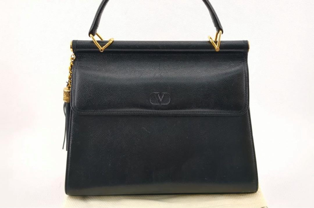 Valentino Garavani Hand Bag Tote Purse Logo Leather Black Authentic