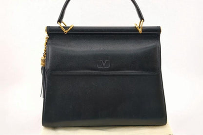Valentino Garavani Hand Bag Tote Purse Logo Leather Black Authentic