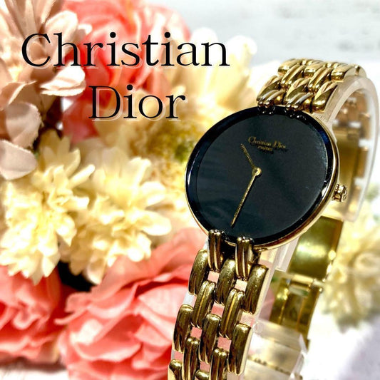 Christian Dior Quartz Watch Wristwatch Logo Gold Black Women's Authentic
