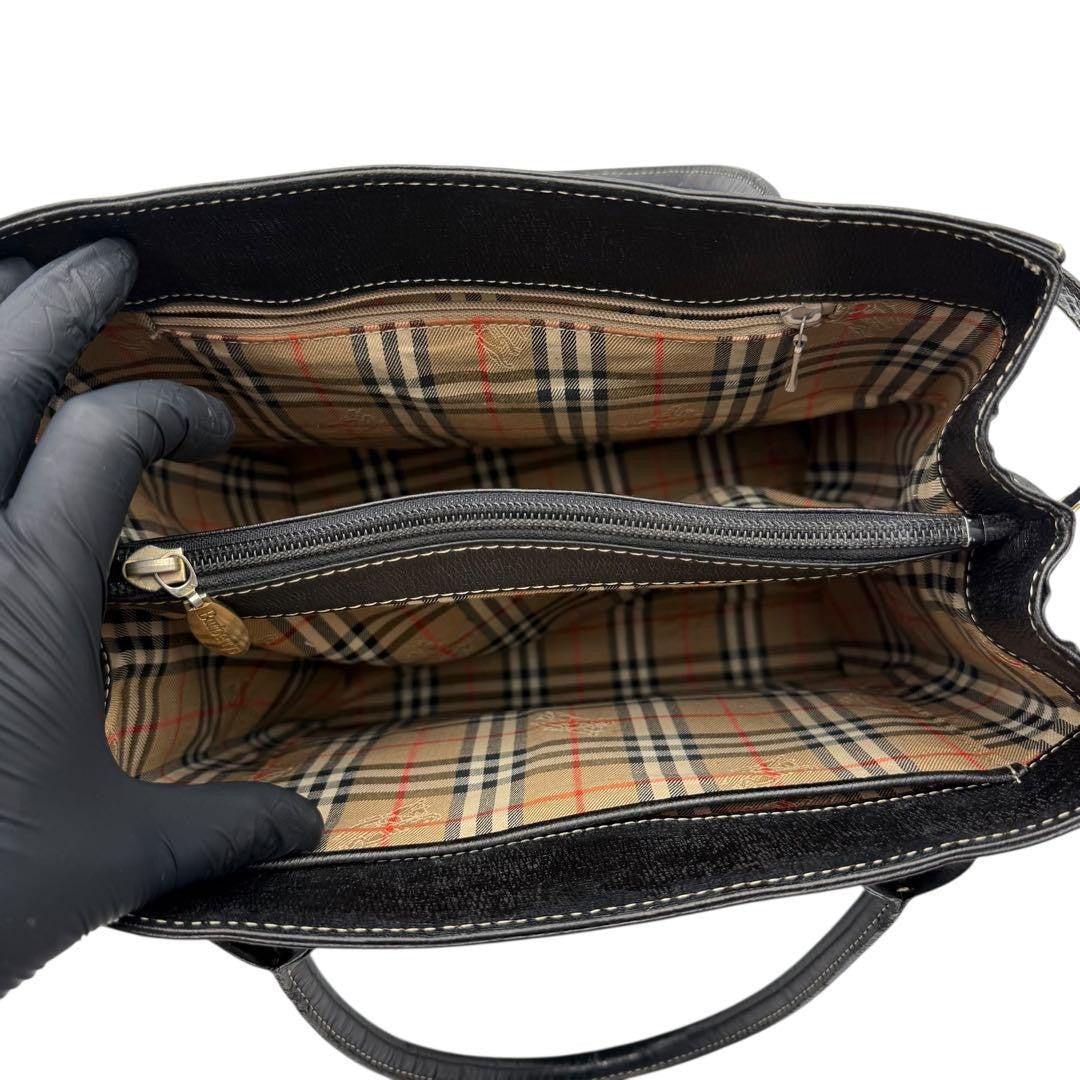 BURBERRYS Hand Bag Tote Purse Nova Check Leather Black Authentic