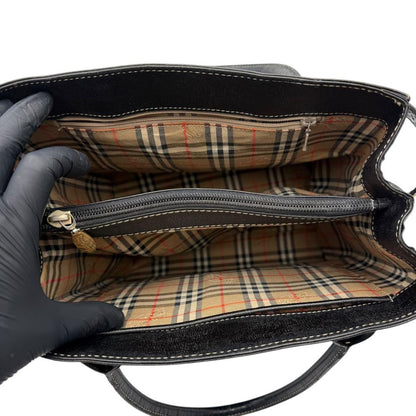 BURBERRYS Hand Bag Tote Purse Nova Check Leather Black Authentic