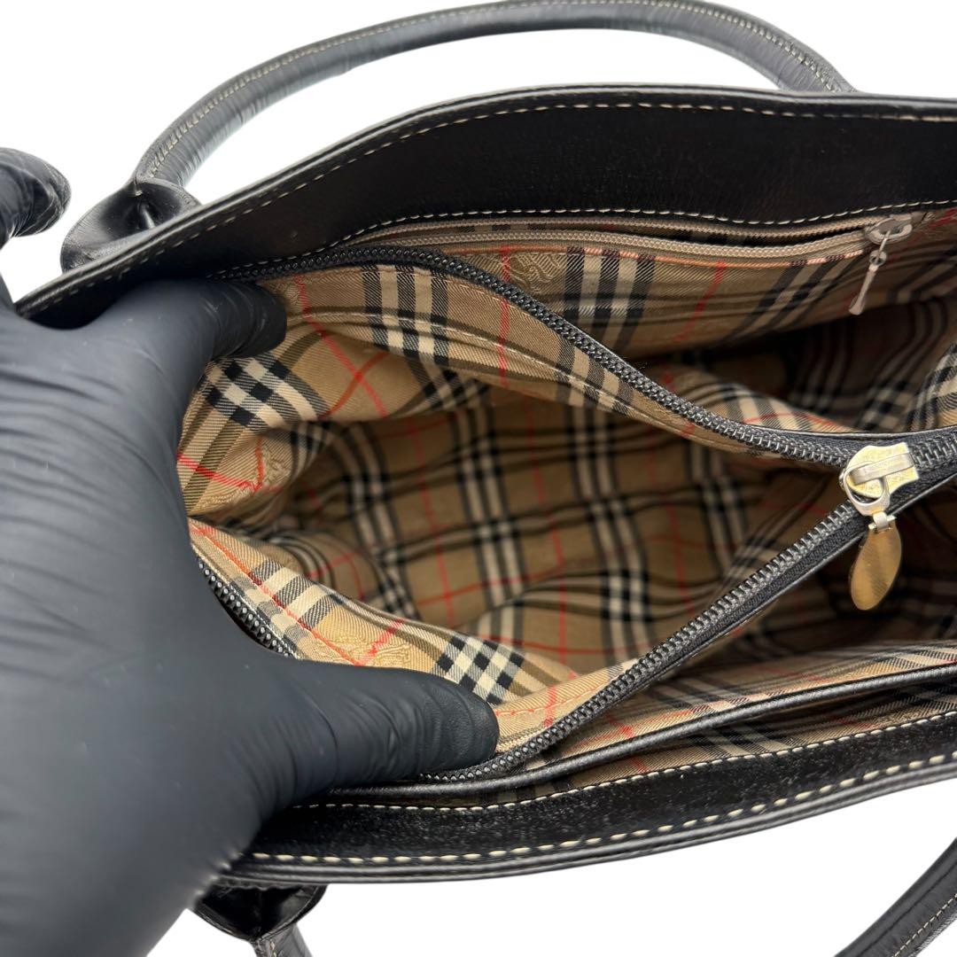 BURBERRYS Hand Bag Tote Purse Nova Check Leather Black Authentic