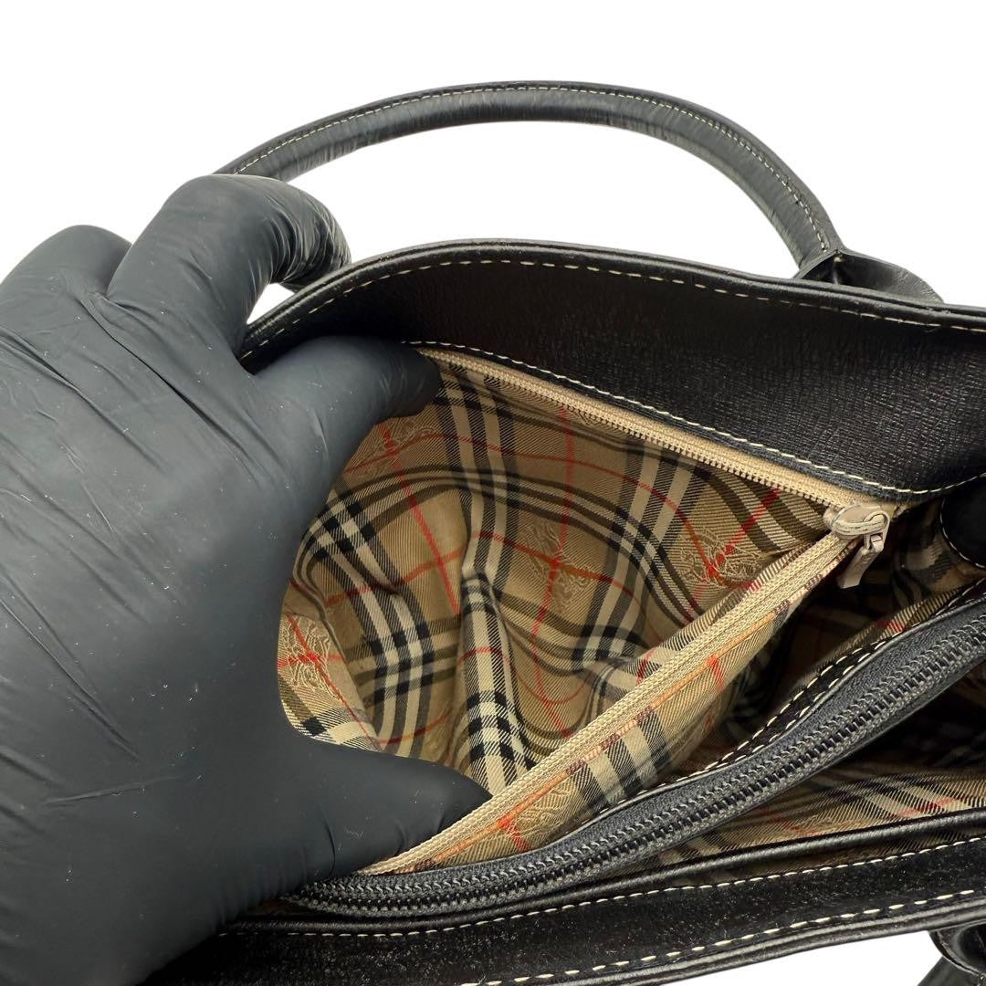 BURBERRYS Hand Bag Tote Purse Nova Check Leather Black Authentic