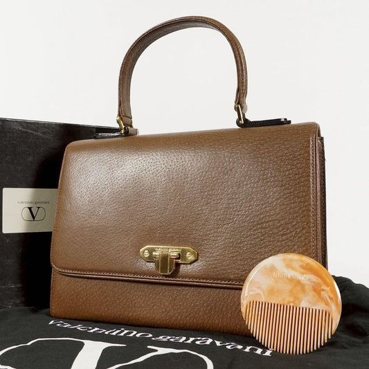 Valentino Garavani Hand Bag Tote Purse Leather Brown Authentic