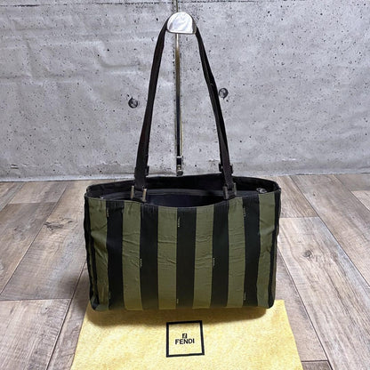 FENDI Hand Bag Tote Purse Pecan Canvas Leather Black Khaki Authentic
