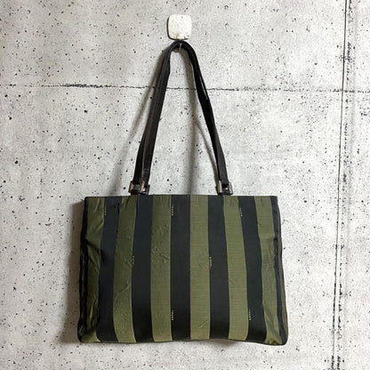FENDI Hand Bag Tote Purse Pecan Canvas Leather Black Khaki Authentic