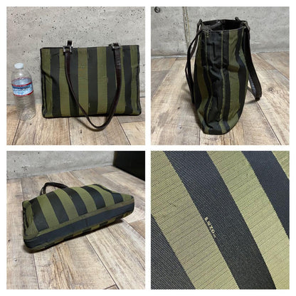 FENDI Hand Bag Tote Purse Pecan Canvas Leather Black Khaki Authentic