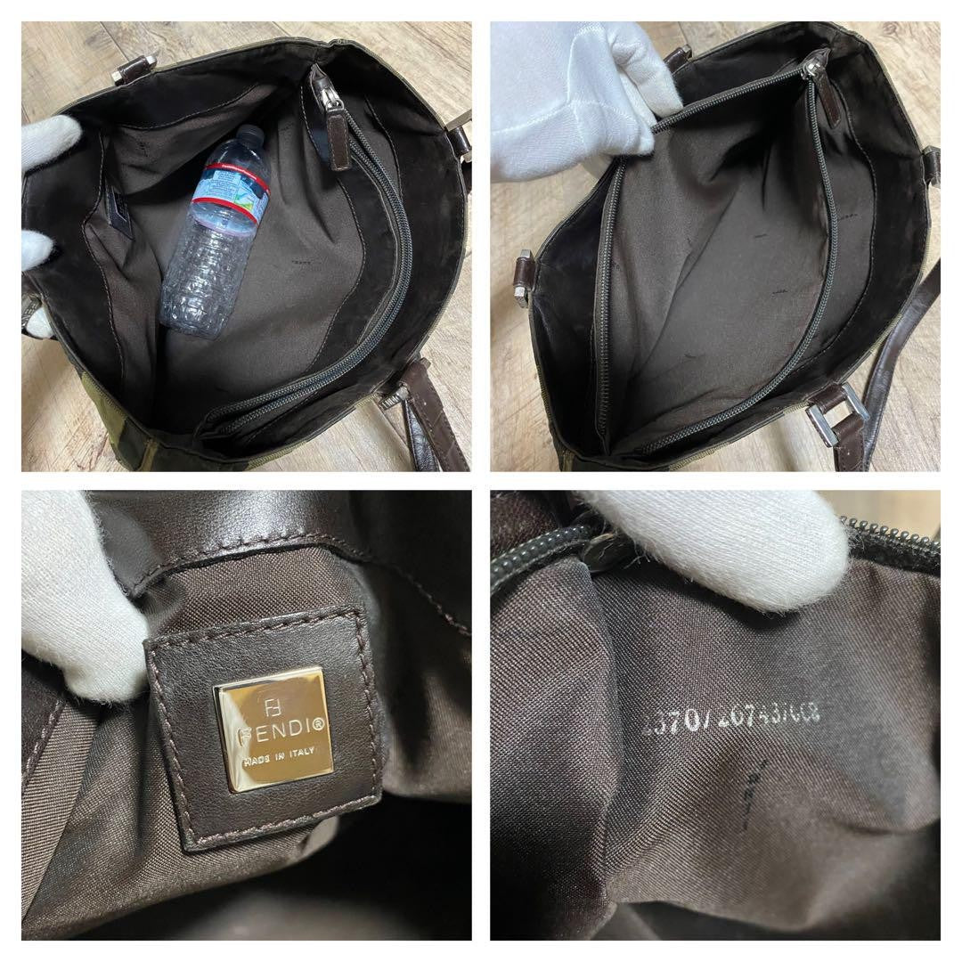FENDI Hand Bag Tote Purse Pecan Canvas Leather Black Khaki Authentic