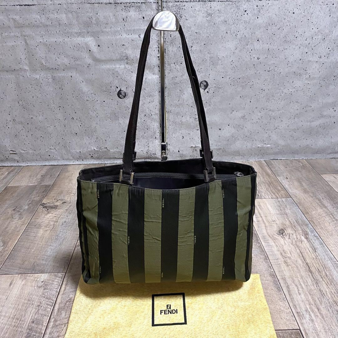 FENDI Hand Bag Tote Purse Pecan Canvas Leather Black Khaki Authentic