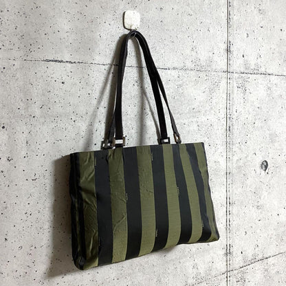 FENDI Hand Bag Tote Purse Pecan Canvas Leather Black Khaki Authentic
