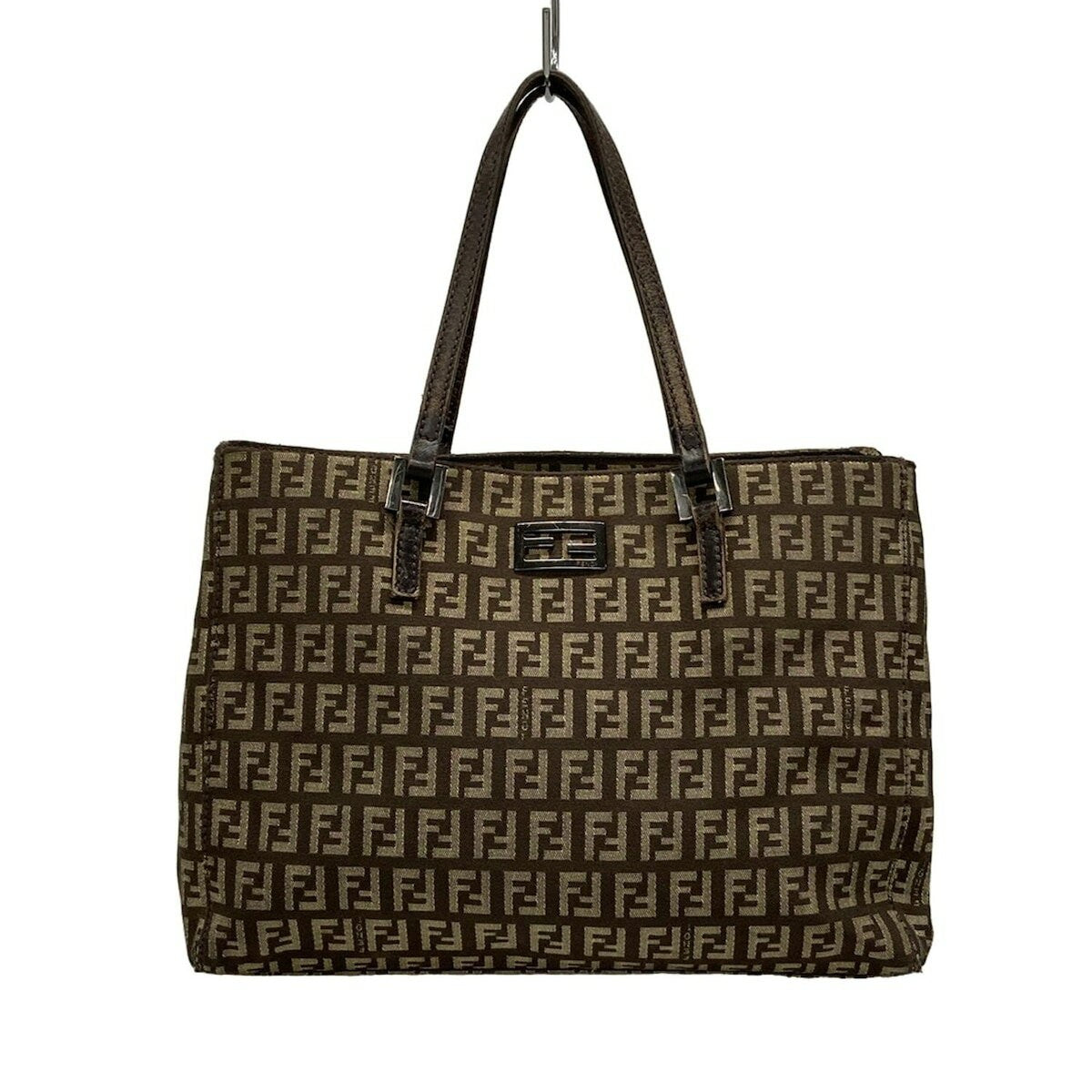 FENDI Hand Bag Tote Purse FF Zucchino Jacquard Leather Dark Brown Beige Auth