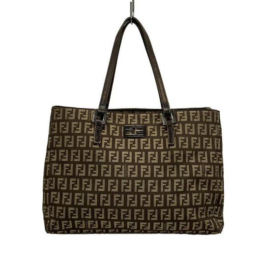 FENDI Hand Bag Tote Purse FF Zucchino Jacquard Leather Dark Brown Beige Auth