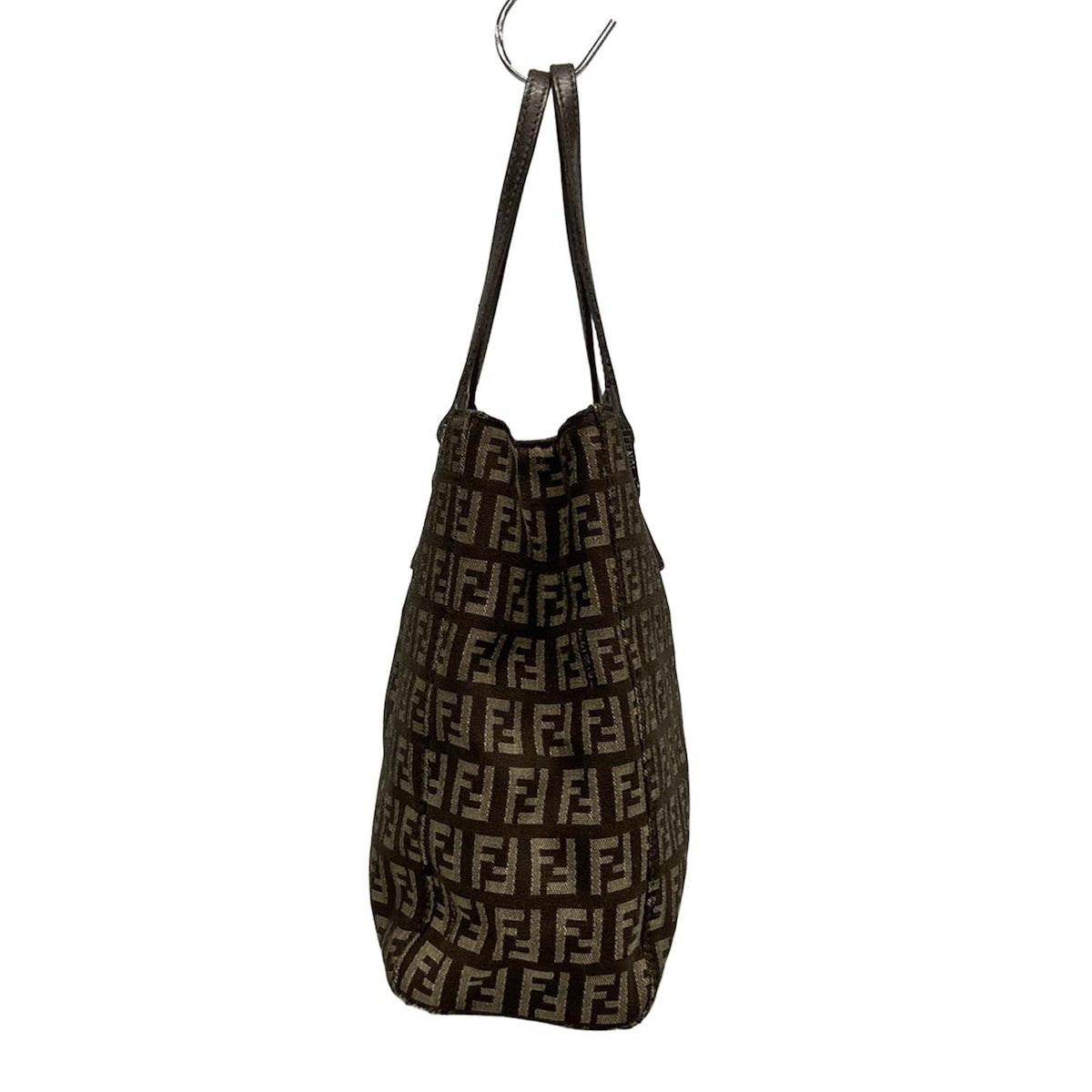 FENDI Hand Bag Tote Purse FF Zucchino Jacquard Leather Dark Brown Beige Auth