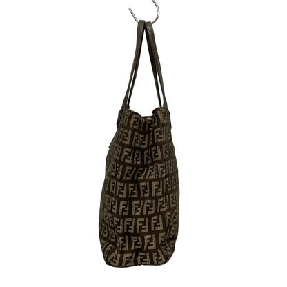 FENDI Hand Bag Tote Purse FF Zucchino Jacquard Leather Dark Brown Beige Auth